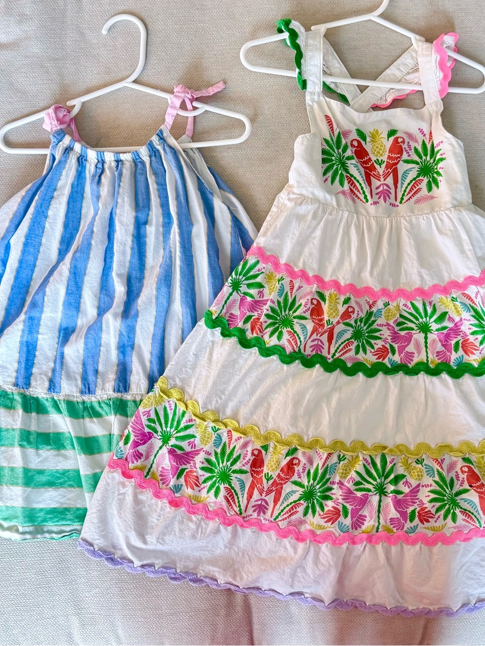 Mini Boden White Tropical Embroidered Sundress with Pink & Green Accents